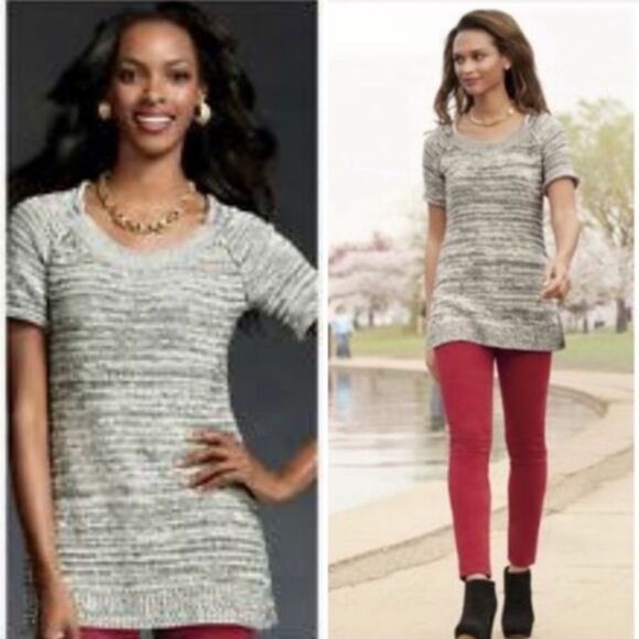 CAbi Sweaters - Cabi #973 Marled Black & White Heater Short Sleeve Tunic Sweater Size M